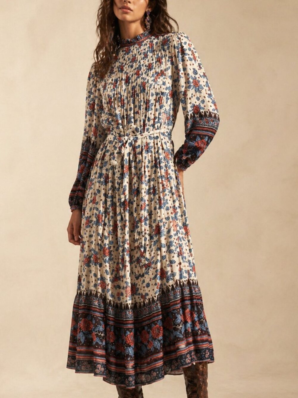 Ulla Johnson Prisma Silk Floral Midi Dress Boho Pleated Long Sleeve Size 2